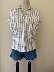 Vintage 60s Ship n Shore Thin Cotton Button down sleeveless M/L Top White &Green