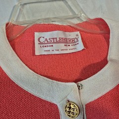 Vtg Castleberry Knit Skirt Suit Set 14 Pink Coral 80s Style Gold Tone Buttons