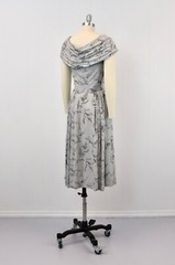 1950s Bird Pagoda Novelty Print Gray Pink Cape Back Custom Made Pinup Dress