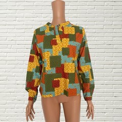 Vintage 70s Patchwork Top – Long Sleeve Multicolor Print Boho Hippie S