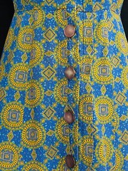Vintage 1950s blue gold dress, cotton summer short sleeve shirt rayon green S