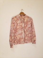 Vtg 70s Floral Chiffon Poly Knit Tie Front LS Jacket Top M L As Is