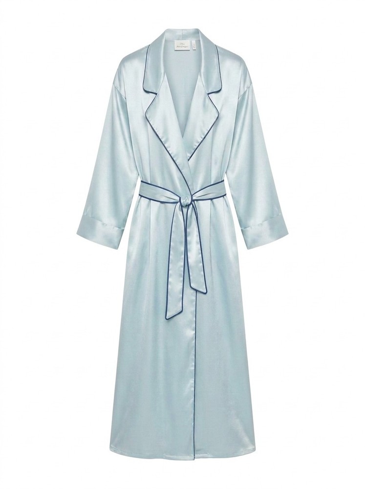 VTG UNDERCOVER WEAR Robe Womens 1XL Long Baby Blue Lounge SATIN Fleece Lined