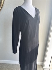 70s Solo San Francisco Black Fringe Dancing Dress long sleeve Size 13/14 VINTAGE