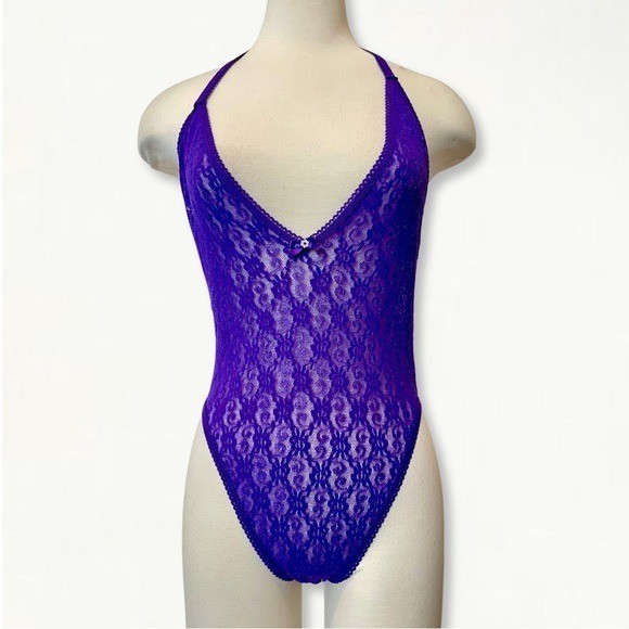 Vintage 1970s Frederick’s of Hollywood Purple Lace Lingerie Bodysuit Size Large