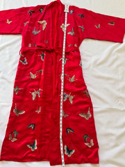 Vintage Chinese Embroidered Butterfly Satin Robe Kimono Gown Red One Size