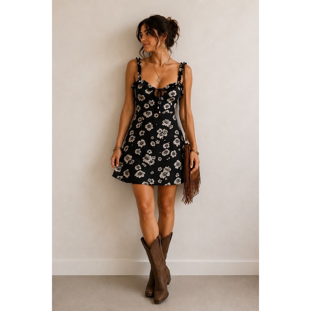 Vintage Angie Black White Floral Rayon Sundress Medium Boho Cottagecore