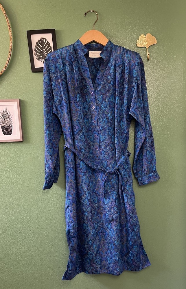 80’s Vtg Schrader Sport Blue Purple Floral Paisley Shiny Belted Shirt Dress 8P