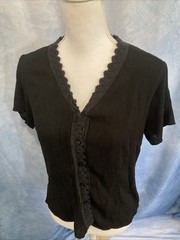 VTG 90s Y2K Sag Harbor Top 10 Black Crinkle Rayon Blend Lace Crochet Trim Button