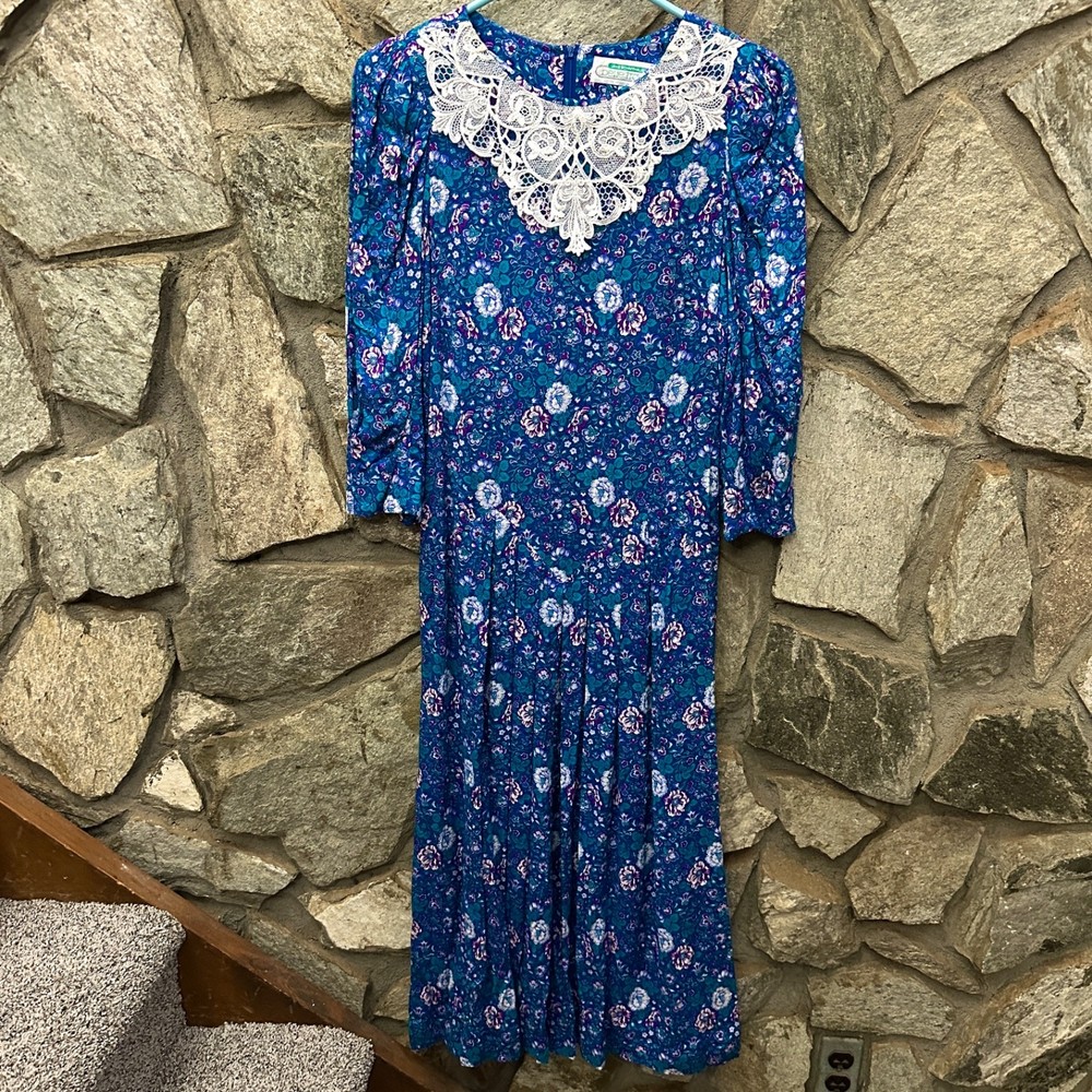 Jane Schaffhausen Belle France Vintage Dress Women 8 Teal Burg Blue Floral Lace