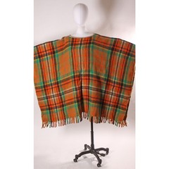 1960s Orange, Black and Green Plaid Fringe Hem Fall Poncho