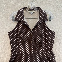 Vintage Midi Dress 14 Brown Polka Dot Sleevess Collared Retro Mod Rockabilly