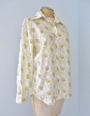Vtg 60s Yellow Floral Cotton Button Cottage Core Blouse Top Dagger Collar M/L