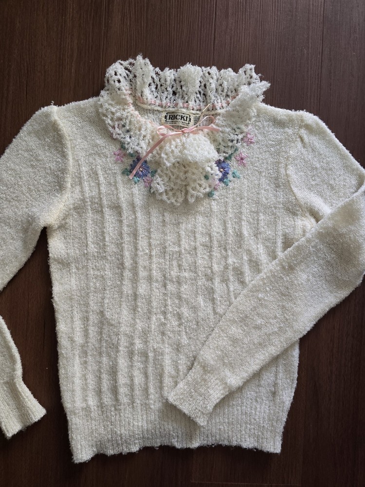 Vintage 70s Ricki Sweater Fairycore Cottagecore Womens Small Medium Lace Collar