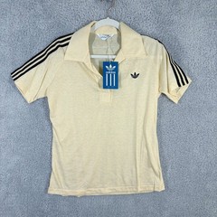 VTG 80s Deadstock Adidas Polo Shirt Womens L Cream Black 3 Stripe Trefoil NWT