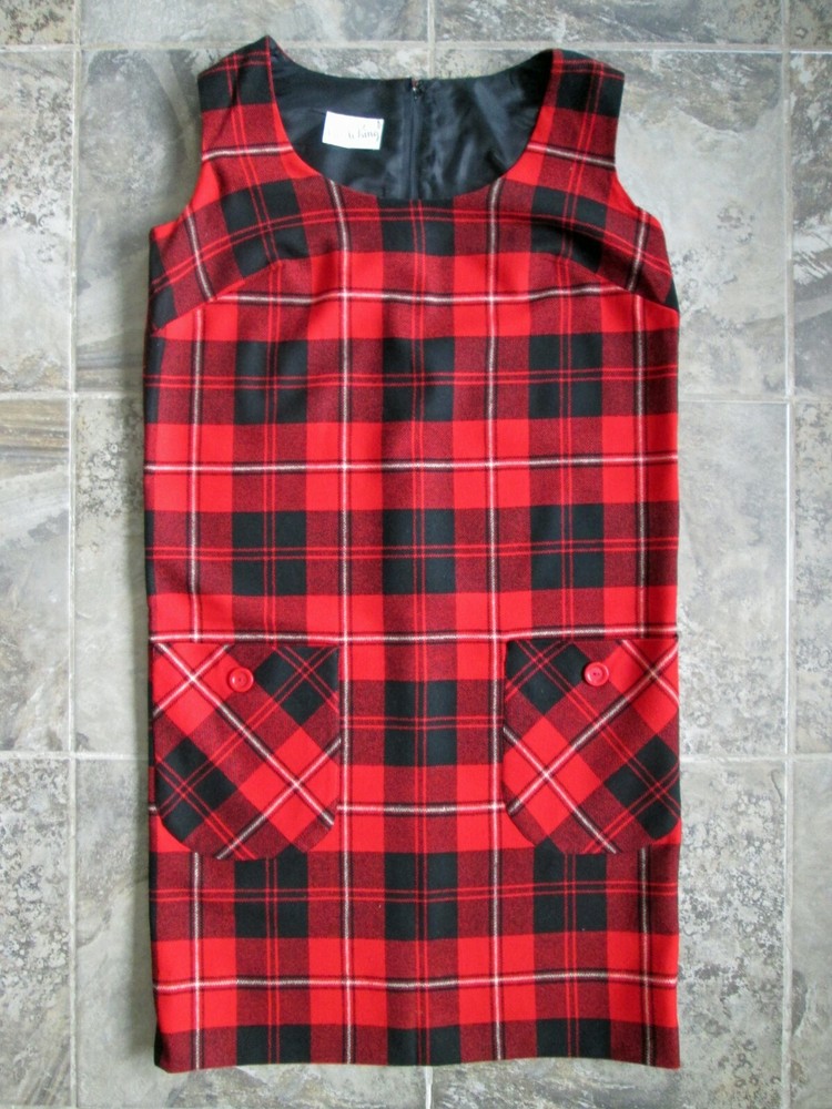 VTG Carole King Dress Large Wool Jumper Black Red Plaid Tube Sheathe Zipper EUC