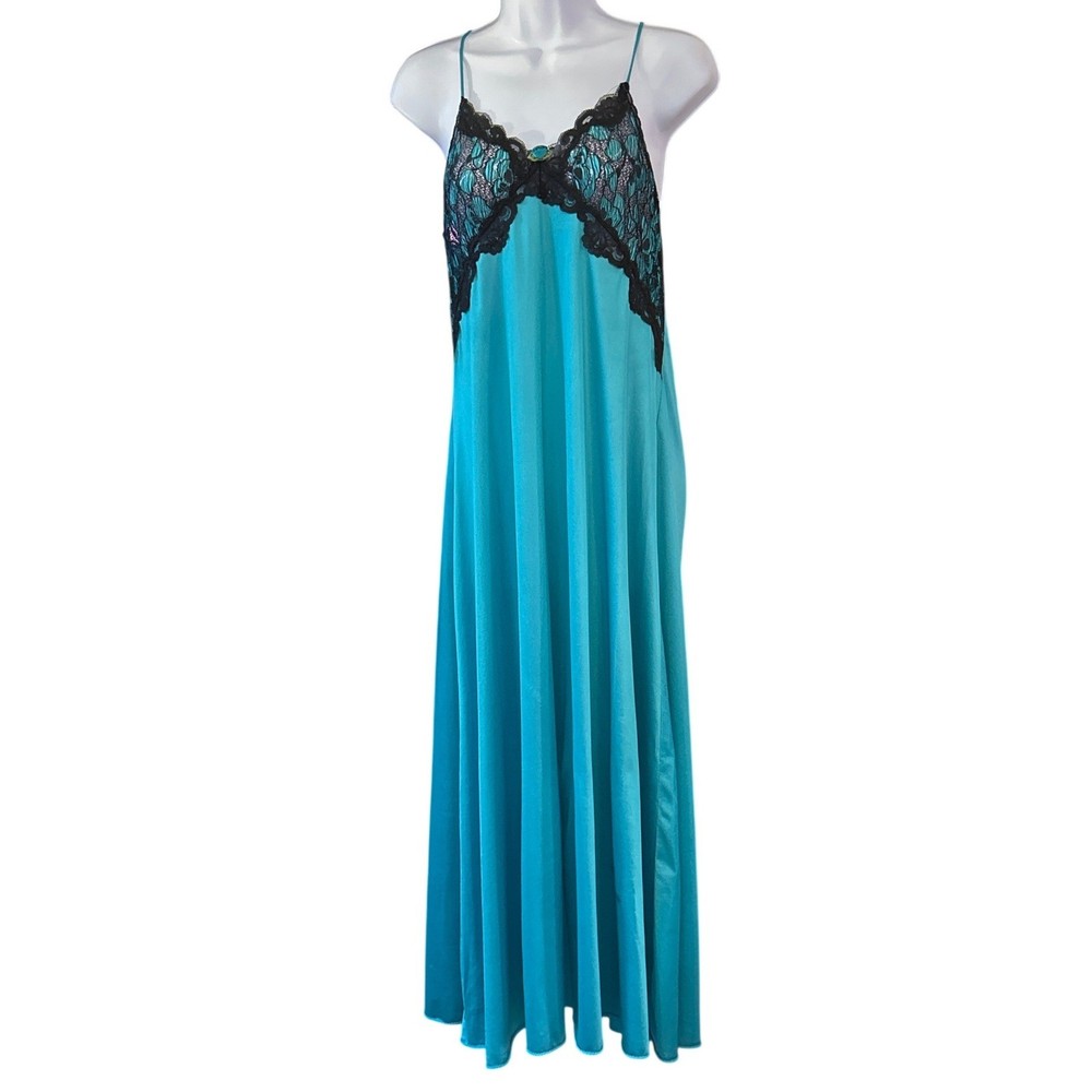 Vintage CineStar Nightgown Teal Blue Black Lace Romantic Glamour Regencycore