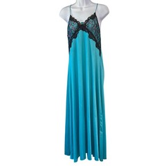 Vintage CineStar Nightgown Teal Blue Black Lace Romantic Glamour Regencycore