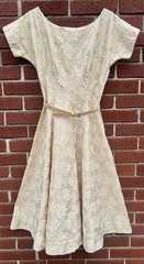 VINTAGE 1950’s IVORY COTTON W/ WHITE FLORAL FLOCKED DESIGN & RHINESTONES DRESS