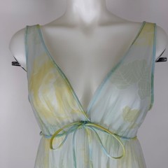 VTG Miss Elaine Sheer Chiffon Mint Green Floral Empire Maxi Nightgown V-Neck