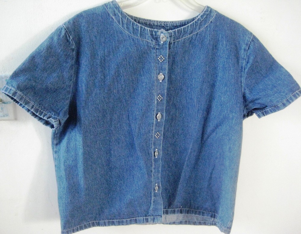 Vntage Denim button down short sleeves top Large Silver Beads accents scoop neck