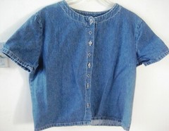 Vntage Denim button down short sleeves top Large Silver Beads accents scoop neck