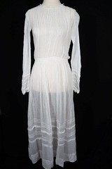Antique Edwardian Long French White Cotton Gauze Lawn Dress Size 6-8 Exc Cond