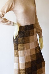1970s Lurex Glitter Knit Maxi Dress Gold Brown Checkerboard Geometric Long Sleev