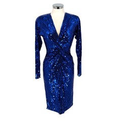 Oleg Cassini Vintage 80s Blue Sequin V-Neck Long Sleeve Dress Size 4