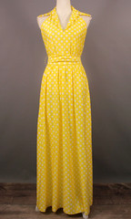 Vtg Women’s 70s Yellow Polka Dot Halter Top Maxi Dress W/ Tie Belt XS/S 1970s