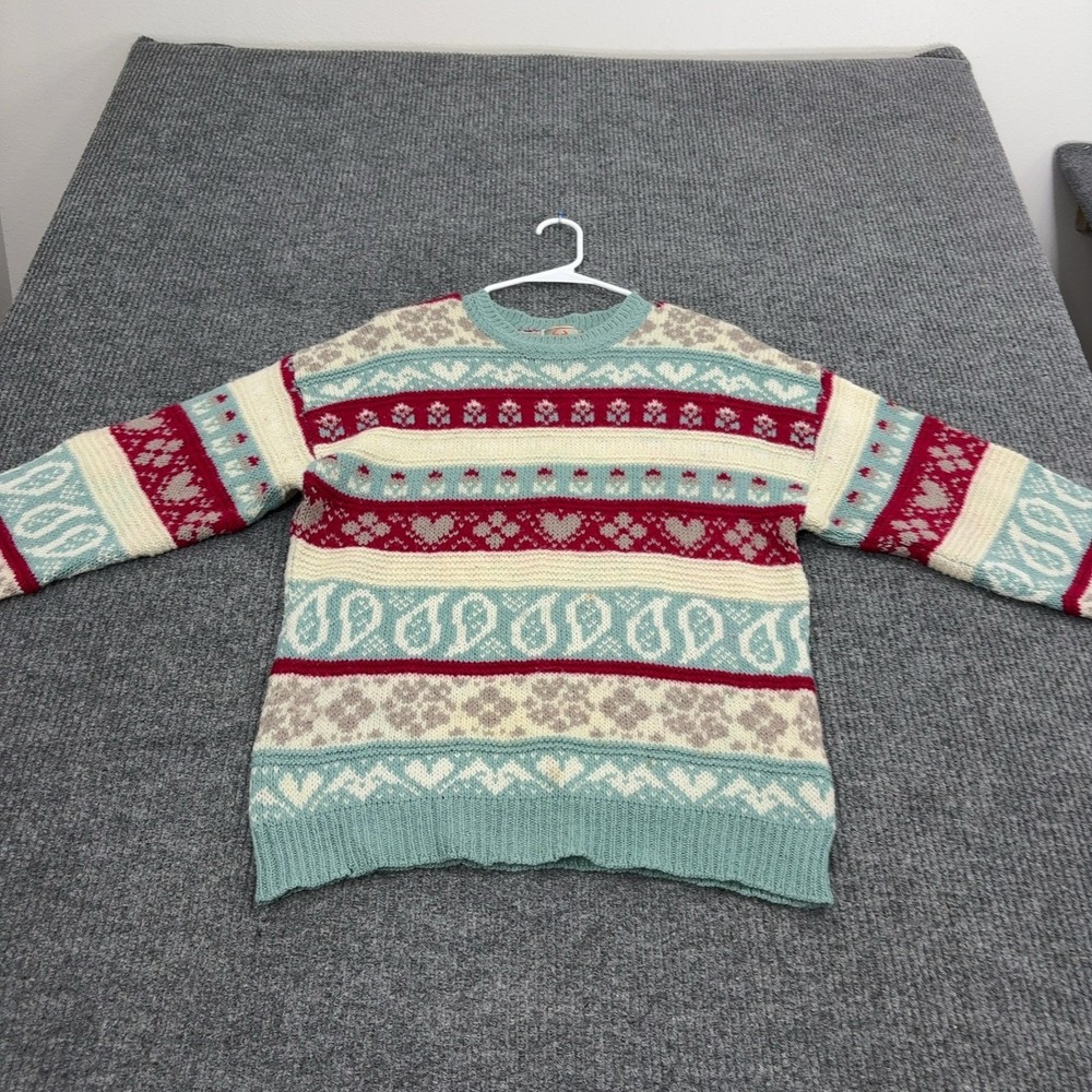 Vintage Stefanel Sweater Womens M Teal Red Knit Paisley Heart Fair Isle Boho