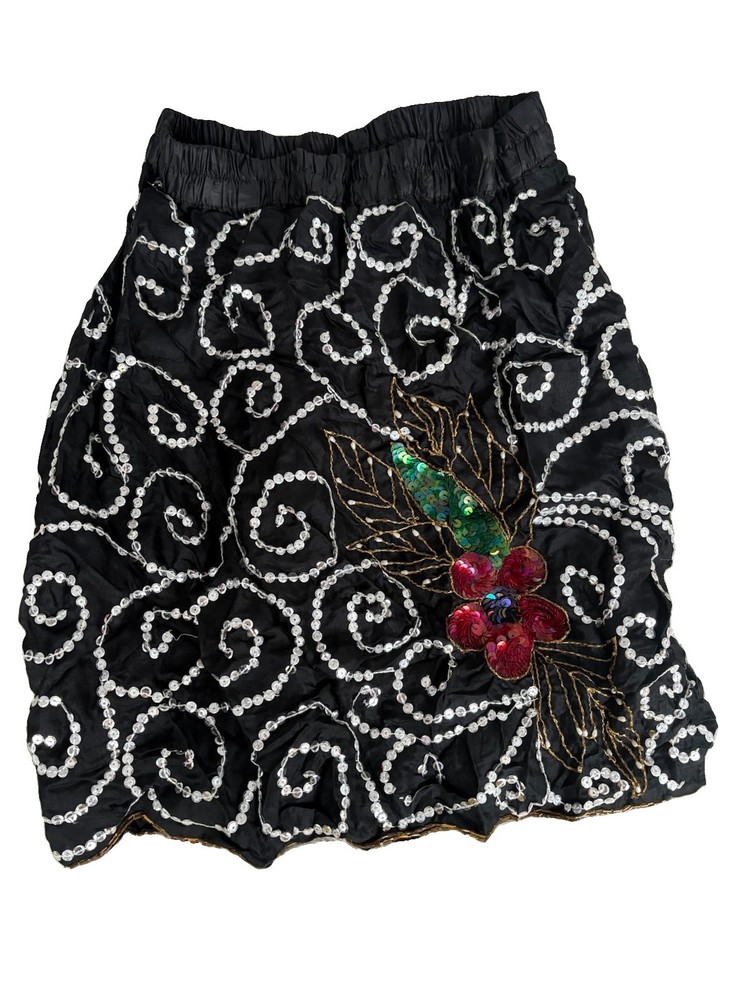 NWT VTG Tina Black Sequin Beaded Bubble Skirt Floral Applique Small 80s 90s