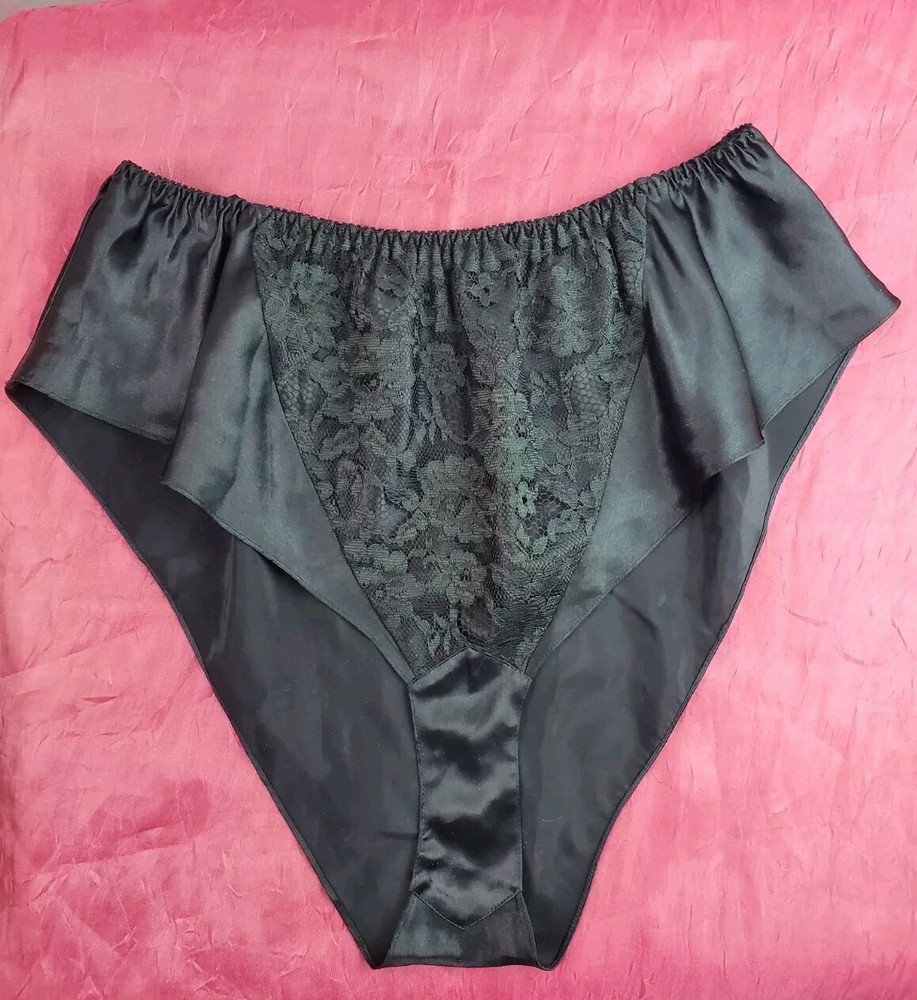 Vintage 1970s Victoria Secret Gold Label Black Granny Panties Size S Satin Lace