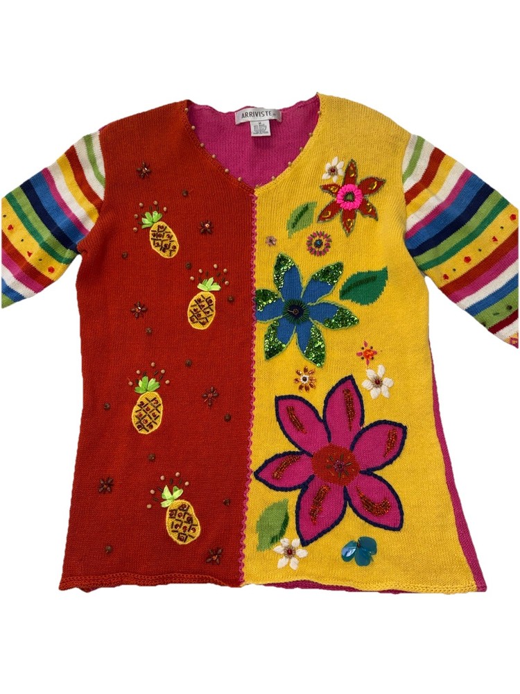 Vintage ARRIVISTE Funky Sweater Ramie Cotton Blend Colorful Embroidery Gems Sz M