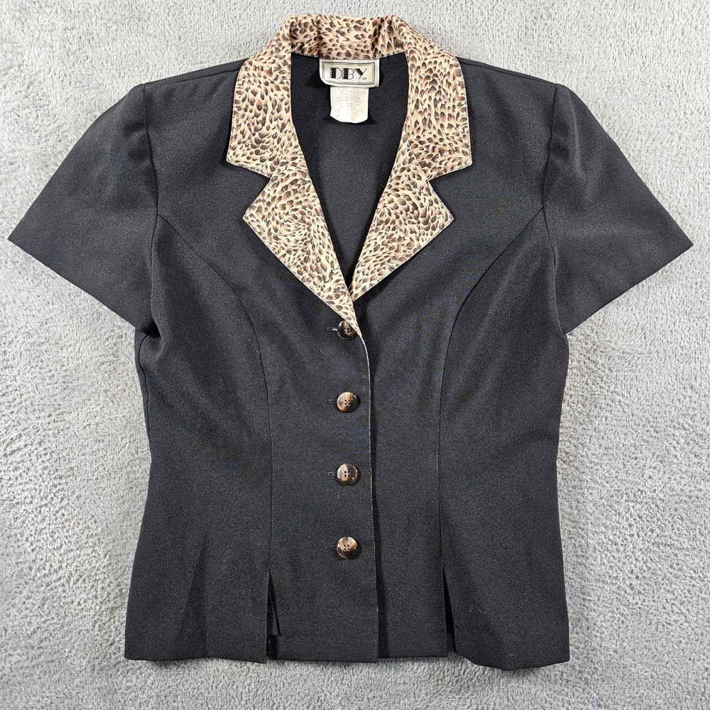 Vintage DBY Ltd Black Leopard Print Collar Short Sleeve Blazer Top Size 3/4