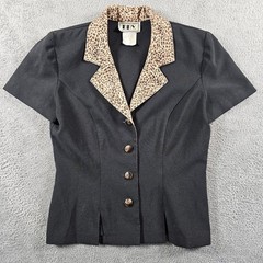 Vintage DBY Ltd Black Leopard Print Collar Short Sleeve Blazer Top Size 3/4