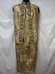 VINTAGE 60S MR BLACKWELL GOLD BROCADE FISHTAIL EVENING GOWN & BEADED VEST SET