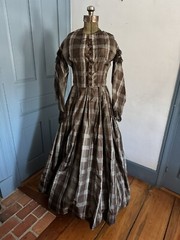 Antique C1860 Civil War Era Plaid Silk Dress Fringe Trim Original + Good Condion