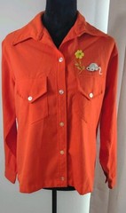 Vtg 70s Orange Western Shirt Flower Crown Cat Applique Embroidered Novelty M 14