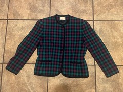 VTG 1970s Pendleton wool plaid jacket black teal and magenta, size 12