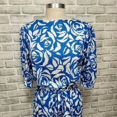 Vintage 80s California Look Blue Rose Belted Dress 8P USA Floral Retro Glam