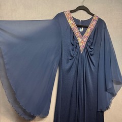 Vintage 70s? Kaftan Maxi Gown V-Neck Angel Sleeve Navy Blue M/L Boho Retro Glam