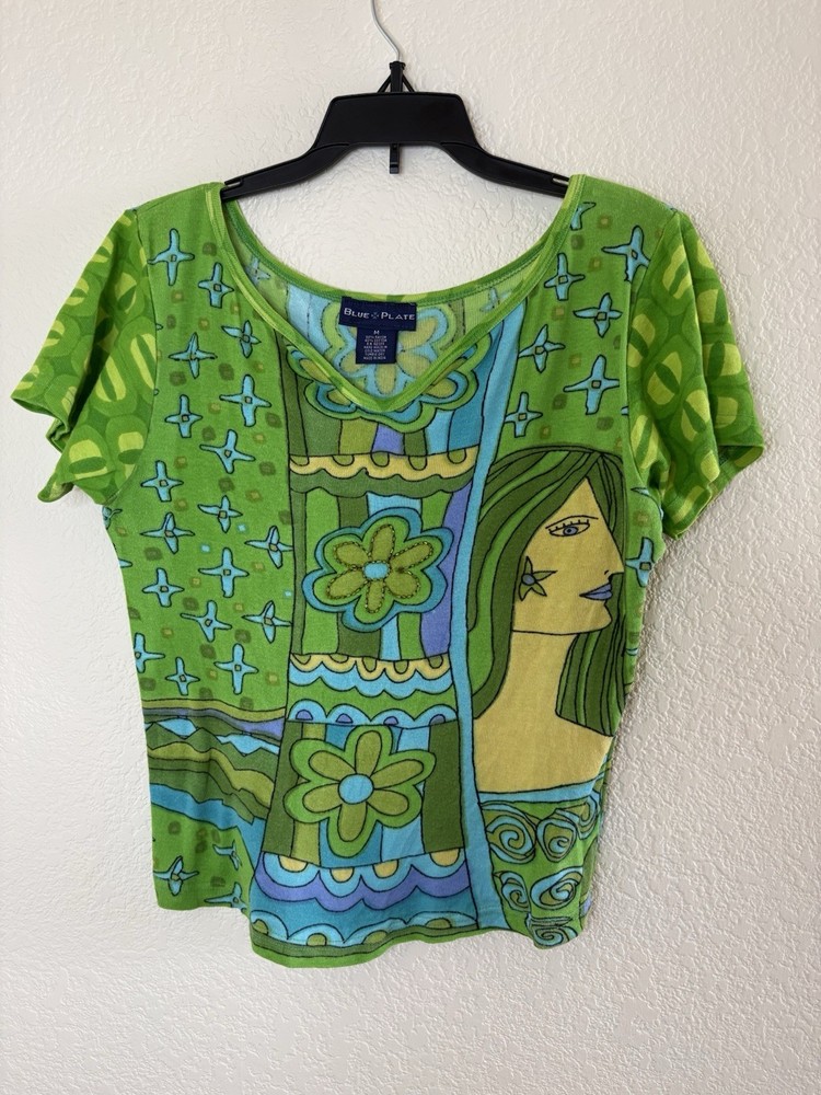 vtg 90s 2000s Y2K blue plate green blue beaded funky patterned crop top size M