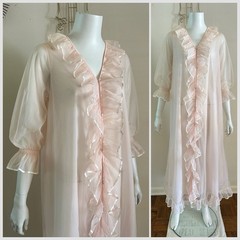 1960s Miss Elaine Pink Sheer Nylon Peignoir Robe Ruffle Front Double Layer VTG