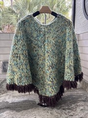 Vintage Wool Poncho Handmade W/Drawstring Opening Fringe Aqua Blue Yellow Brown