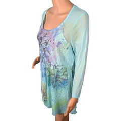 Vintage Dressbarn Y2K Pastel Blue Floral Nylon Mesh Tunic Top L Rhinestone Lace
