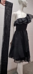 1970s Disco Cocktail Dress Off The Shoulder Black Organza Sheer Belted Early 80s