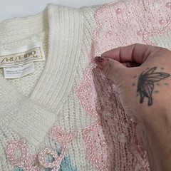 VTG 1980s Sheseido Pastel Sweater M White Blue Pink Lurex Chenille Pearls Fairy
