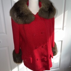 Vtg 60’s Boucle’ Red Fir Trimmed Penny Lane Old Hollywood Glam Jacket