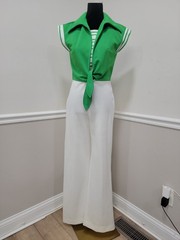 VTG’70s Melissa Lane Green White Nautical Wide Leg Jumpsuit Retro Mod Disco
